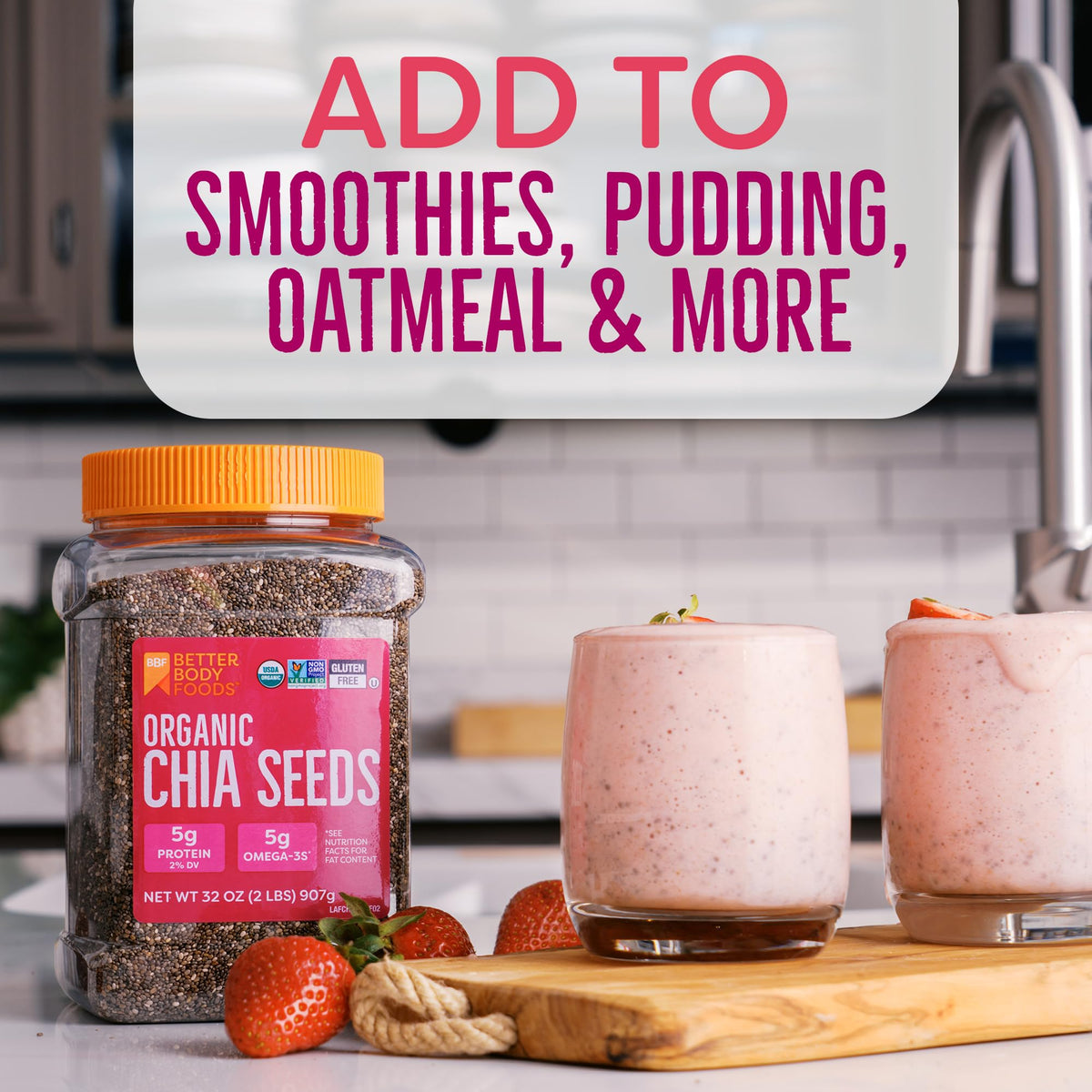 BetterBody Foods Organic Chia Seeds yogurt topping – boosts texture without altering flavor.