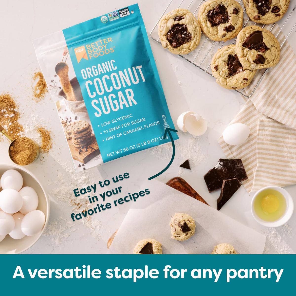 BetterBody Foods Organic Coconut Sugar used as a 1-to-1 substitute for brown sugar.
