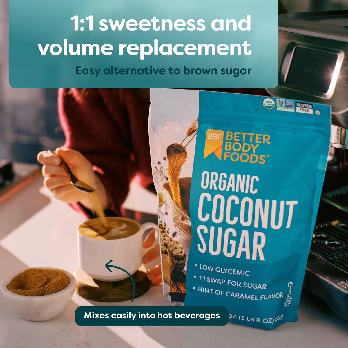 BetterBody Foods Organic Coconut Sugar measuring scoop over oats.