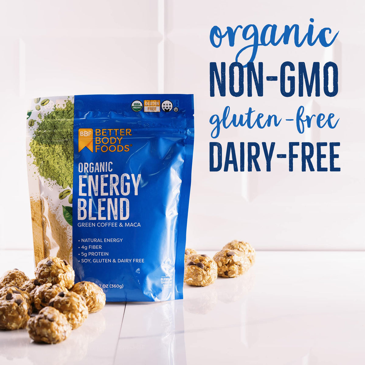Kitchen countertop with BetterBody Foods Organic Energy Blend ready for daily pantry routine.