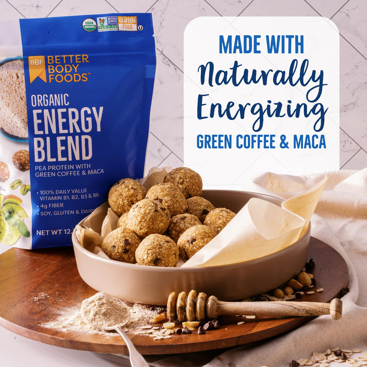 Close-up of BetterBody Foods Organic Energy Blend label highlighting USDA Organic and gluten-free certification.