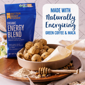 Close-up of BetterBody Foods Organic Energy Blend label highlighting USDA Organic and gluten-free certification.