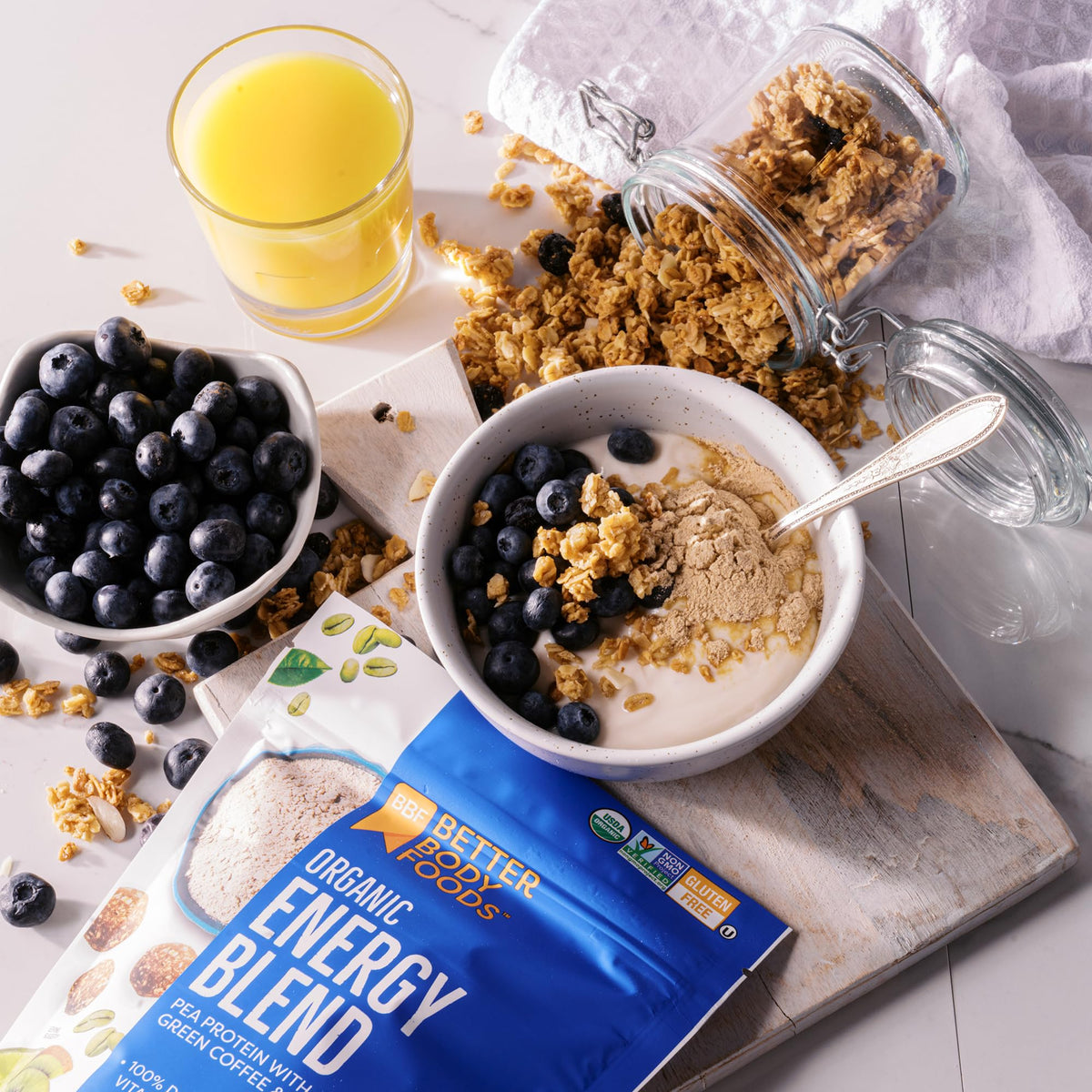 Maca powder and energy blend components featured in BetterBody Foods Organic Energy Blend container.