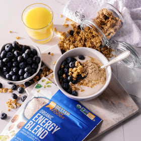 Maca powder and energy blend components featured in BetterBody Foods Organic Energy Blend container.