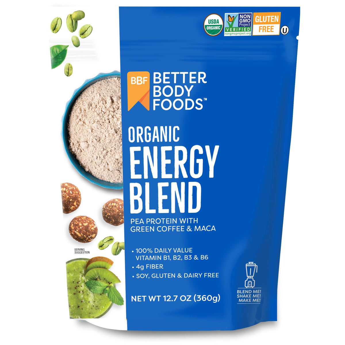 BetterBody Foods Organic Energy Blend tub front showing organic ingredients for a natural energy boost.
