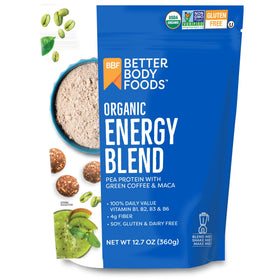 BetterBody Foods Organic Energy Blend tub front showing organic ingredients for a natural energy boost.
