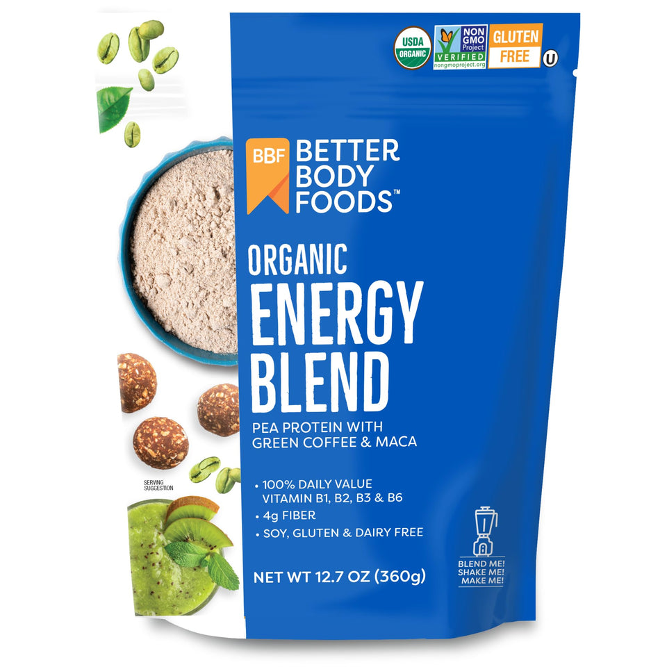 BetterBody Foods Organic Energy Blend tub front showing organic ingredients for a natural energy boost.