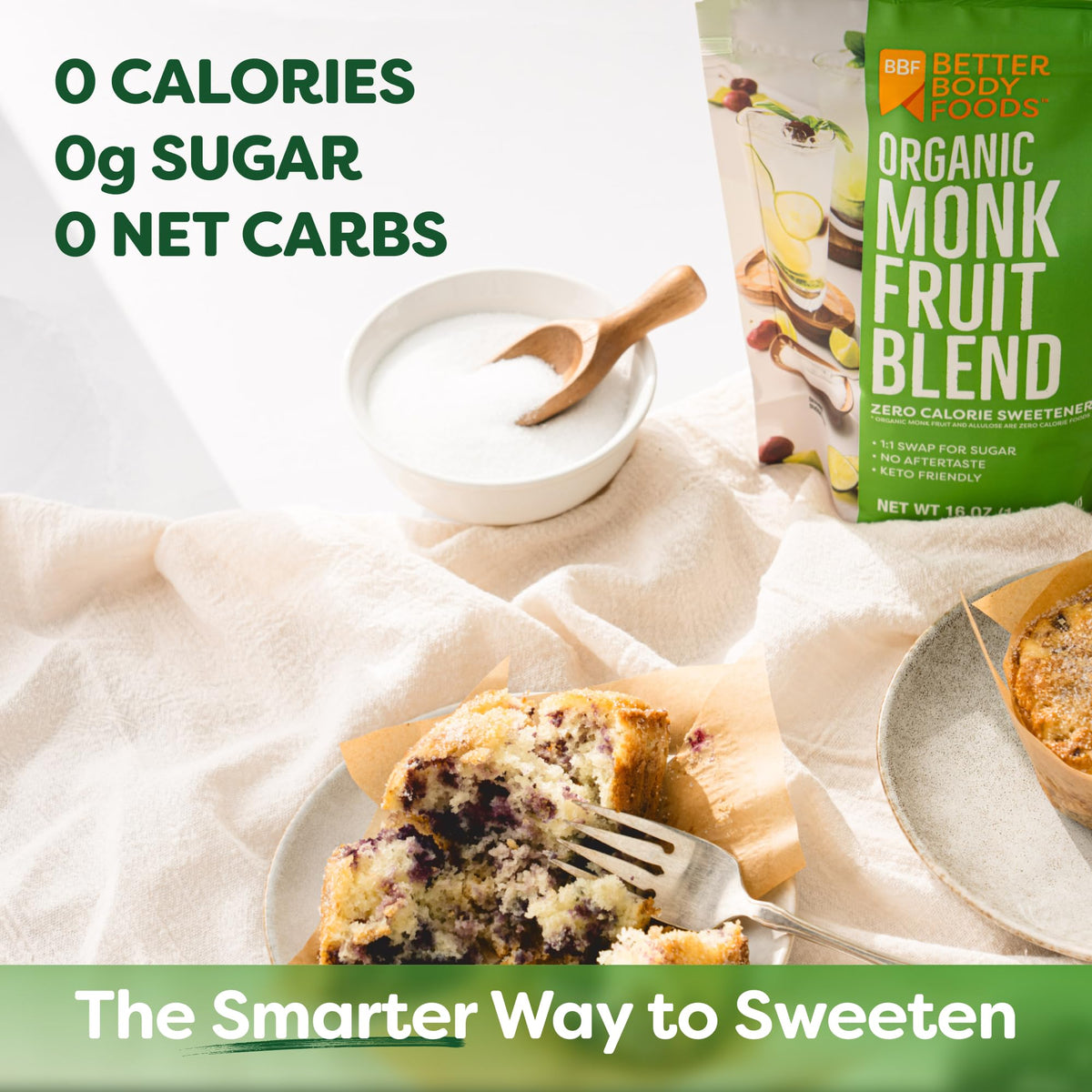 BetterBody Foods monk fruit blend jar—1:1 sugar substitute for recipes.
