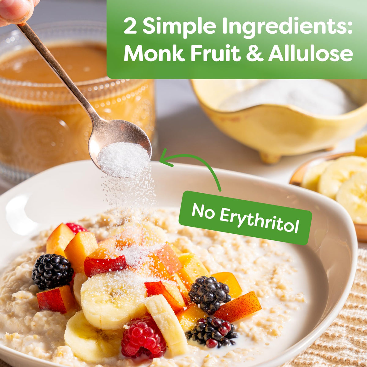 BetterBody Foods monk fruit blend in cup—sweetens tea or coffee.
