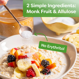 BetterBody Foods monk fruit blend in cup—sweetens tea or coffee.