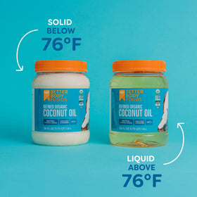 BetterBody Foods refined coconut oil bottle on counter highlights neutral flavor for versatile recipes