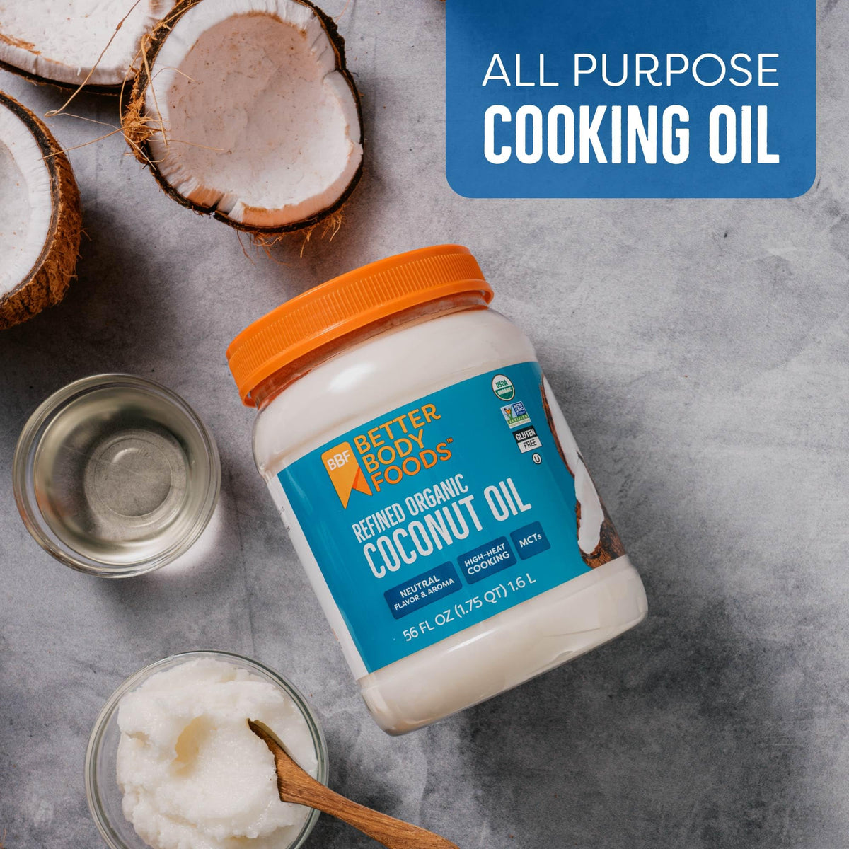 BetterBody Foods refined coconut oil pours smoothly for high heat frying and sautéing