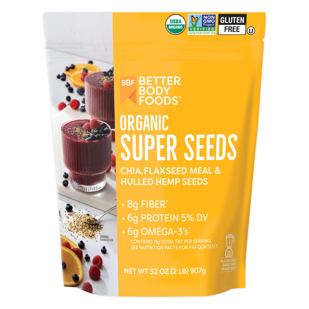 BetterBody Foods Organic Super Seeds bag front, pantry-ready and easy to prep.