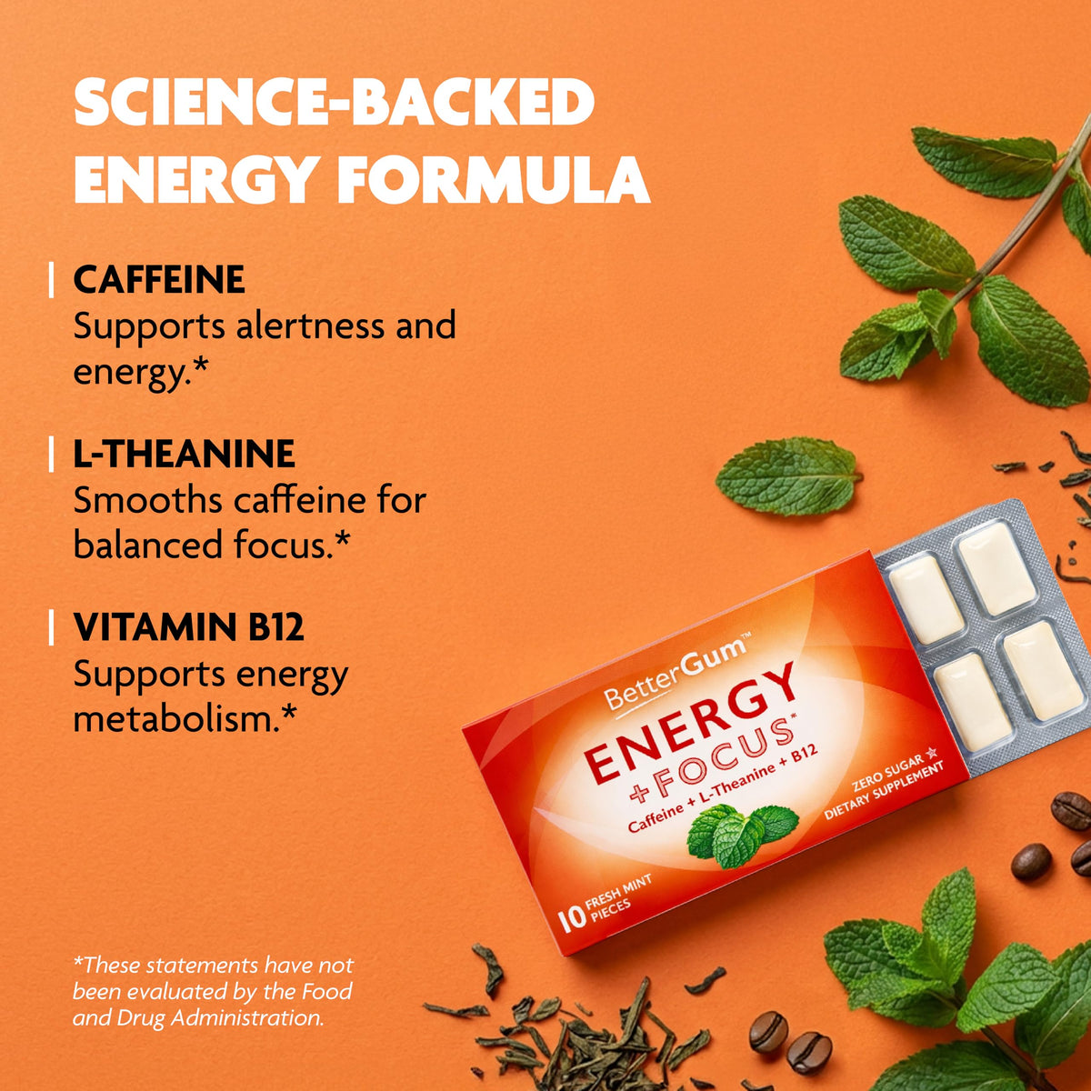 BetterGum mint flavor packaging shown for a sugar-free energy boost