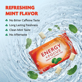 BetterGum nutrition panel illustrates caffeine and vitamin B12 benefits at a glance