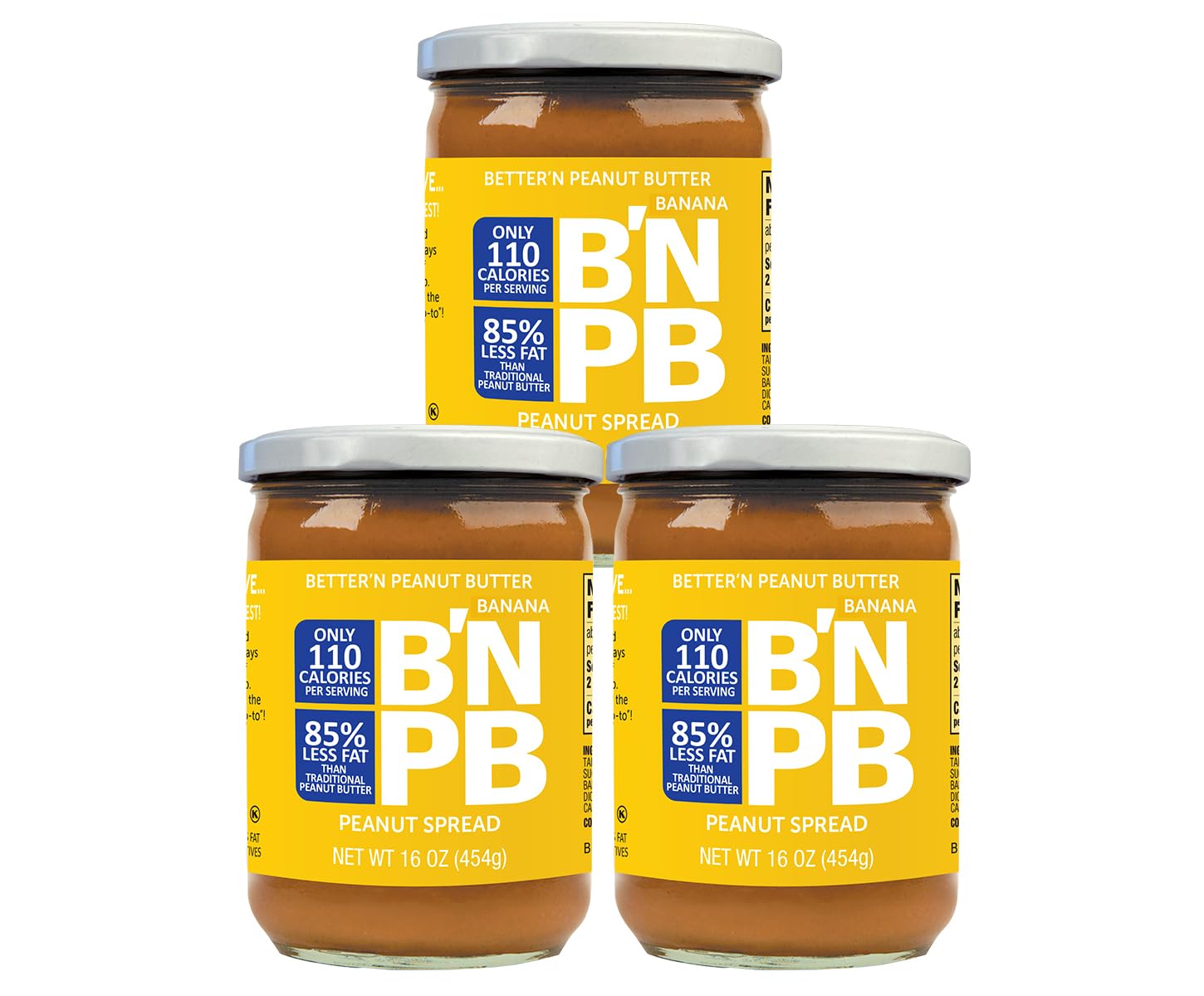 Better’n Peanut Butter banana spread in a glass jar, creamy and lower-fat.
