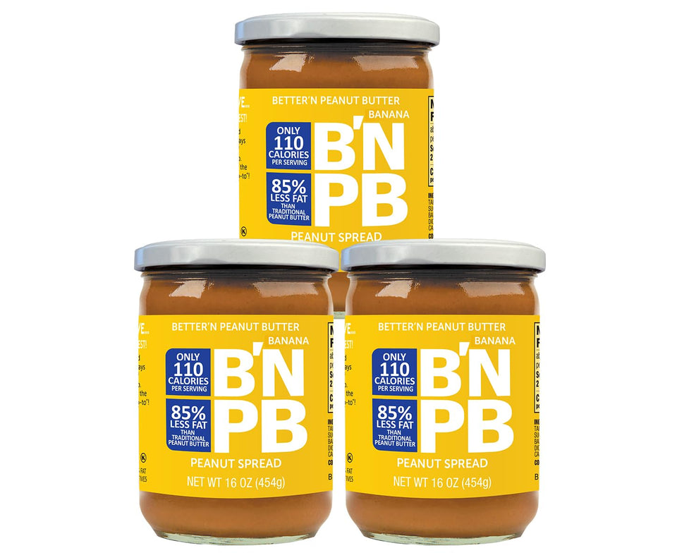 Better’n Peanut Butter banana spread in a glass jar, creamy and lower-fat.