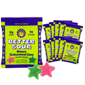 Better Sour Guava Calamansi Lime Gummy Stars pack highlighting tropical flavor and gluten-free snacking.