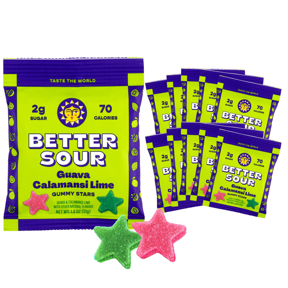 Better Sour Guava Calamansi Lime Gummy Stars pack highlighting tropical flavor and gluten-free snacking.