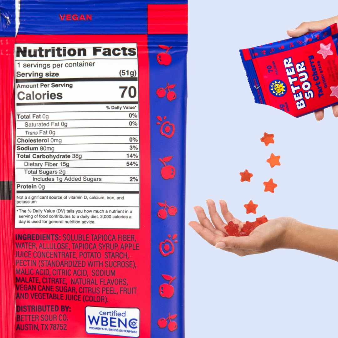 Better Sour Tart Cherry Candy close-up star-shaped gummies highlighting real fruit juice flavor.