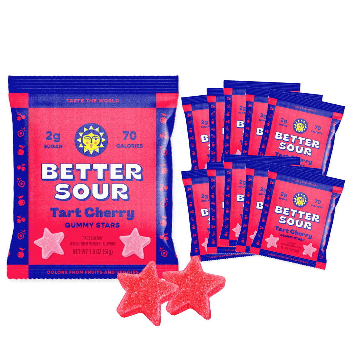 Better Sour Tart Cherry Candy front-pack display; great for on-the-go vegan tart snacking.