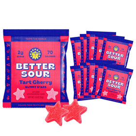 Better Sour Tart Cherry Candy front-pack display; great for on-the-go vegan tart snacking.