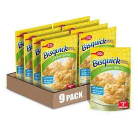 Betty Crocker Bisquick cheese garlic mix box front, quick 15-minute biscuits.