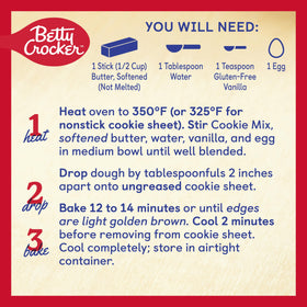 Betty Crocker chocolate chip cookies on a baking sheet.