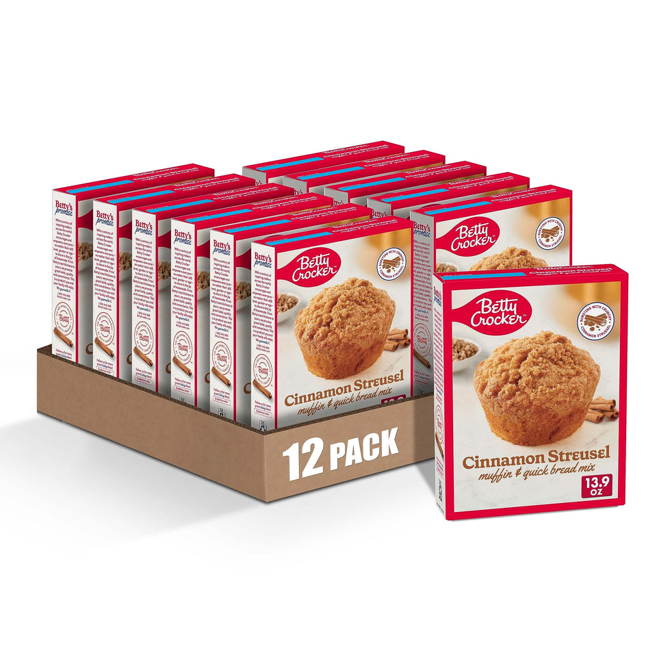 Betty Crocker Cinnamon Streusel Muffin Mix box ready to bake and fill kitchen with scent.