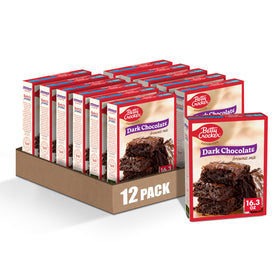 Betty Crocker dark chocolate brownie mix packaging for family-sized bake