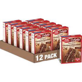 Betty Crocker Delights German Chocolate Cake Mix box front for quick family baking.