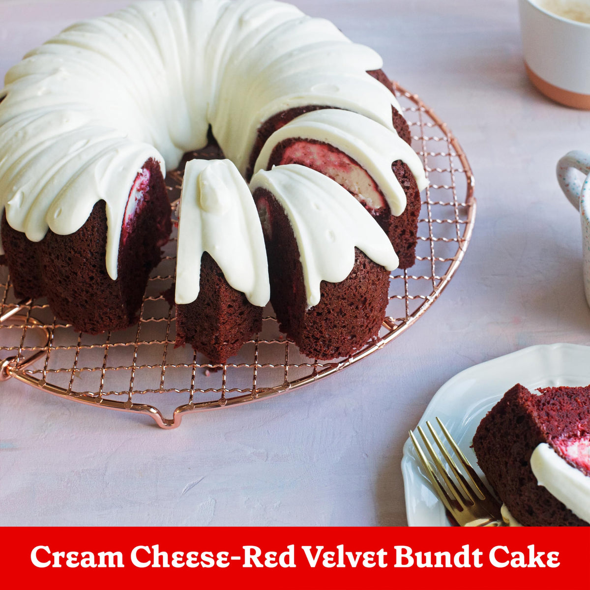 Sliced cake from Betty Crocker Delights red velvet cake mix after baking.