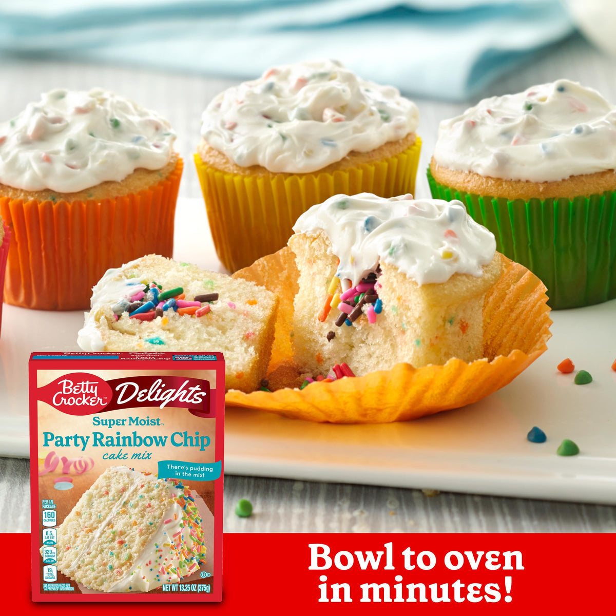 Betty Crocker Delights Rainbow Chip cake mix used to make colorful cupcakes