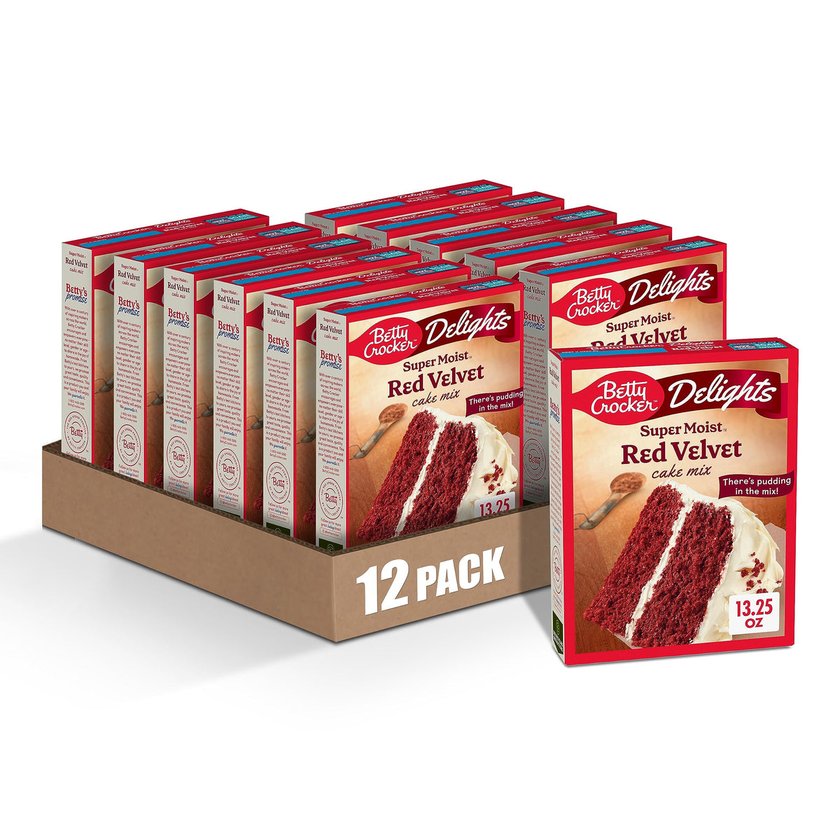 Betty Crocker Delights red velvet cake mix bowl ready to bake for a moist dessert.