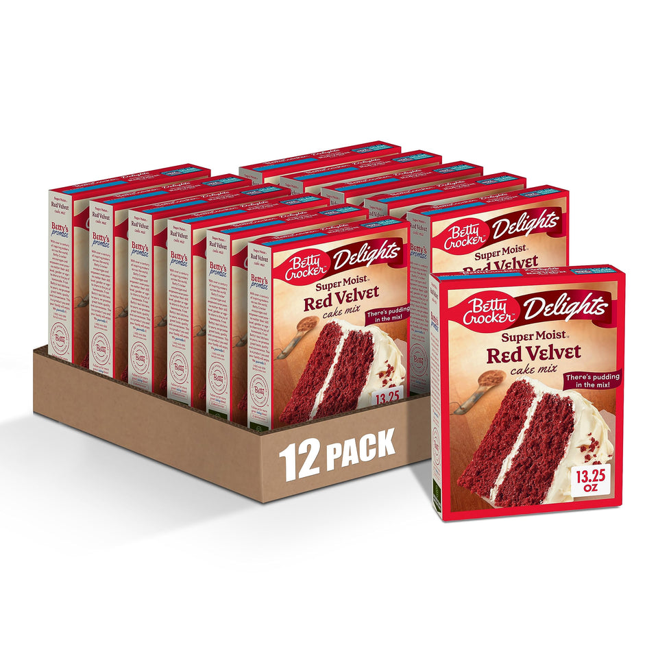 Betty Crocker Delights red velvet cake mix bowl ready to bake for a moist dessert.