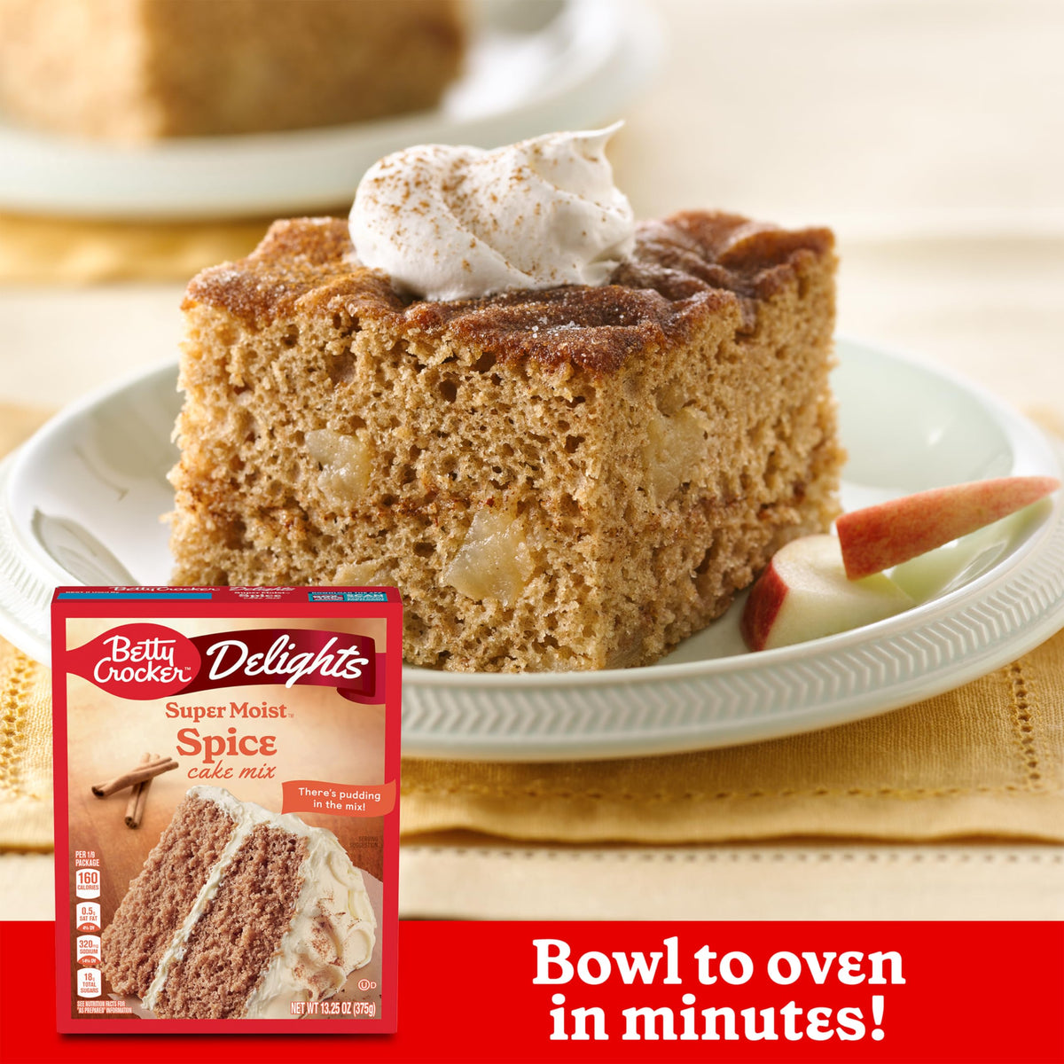 Betty Crocker Delights spice cake mix in the oven ready to bake.