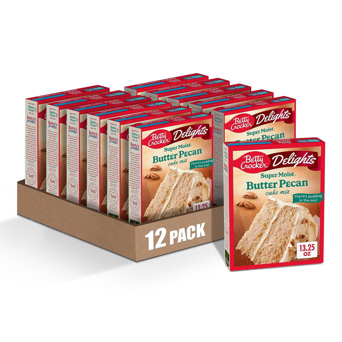 Betty Crocker Delights butter pecan cake mix box for quick dessert prep