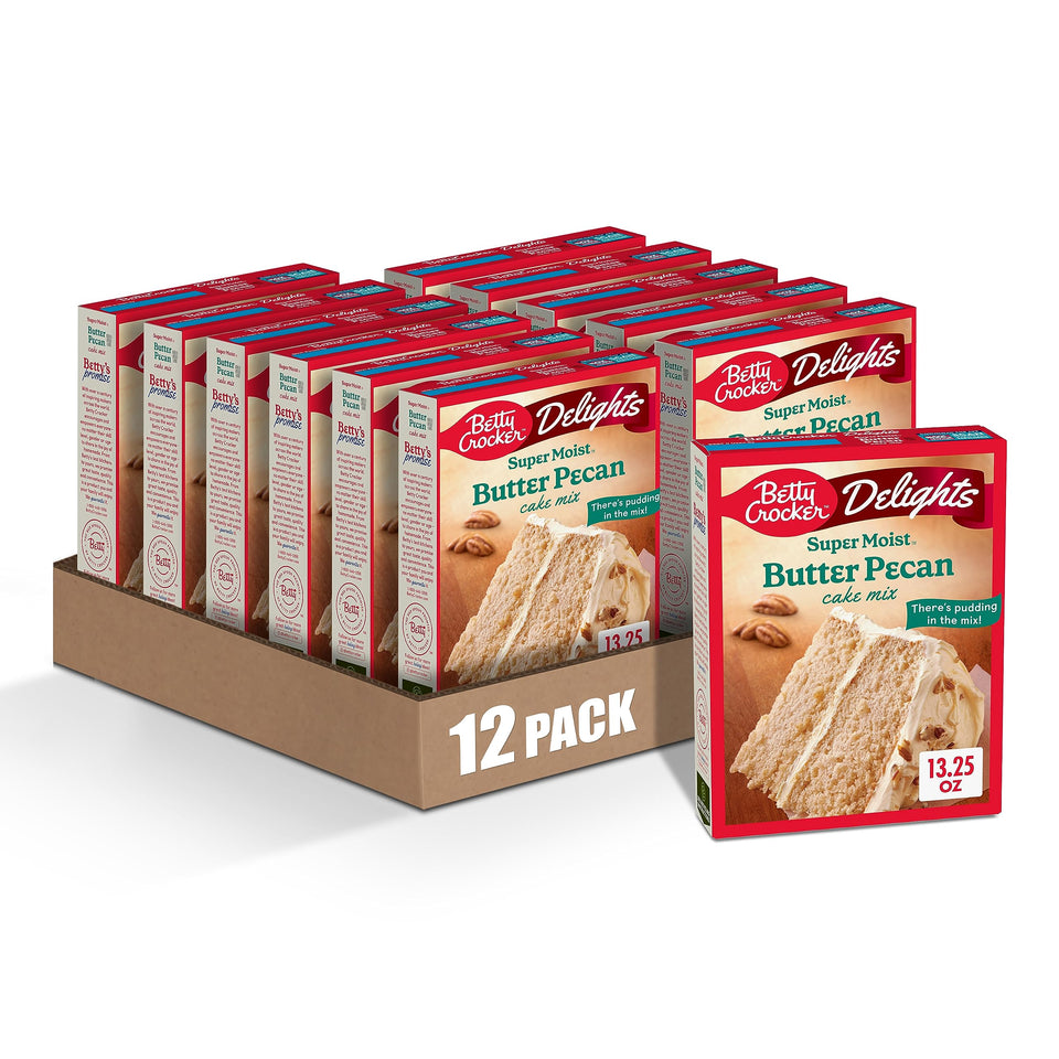 Betty Crocker Delights butter pecan cake mix box for quick dessert prep