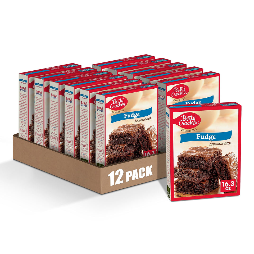 Betty Crocker fudge brownie mix box front, quick dessert option for busy weeknights.