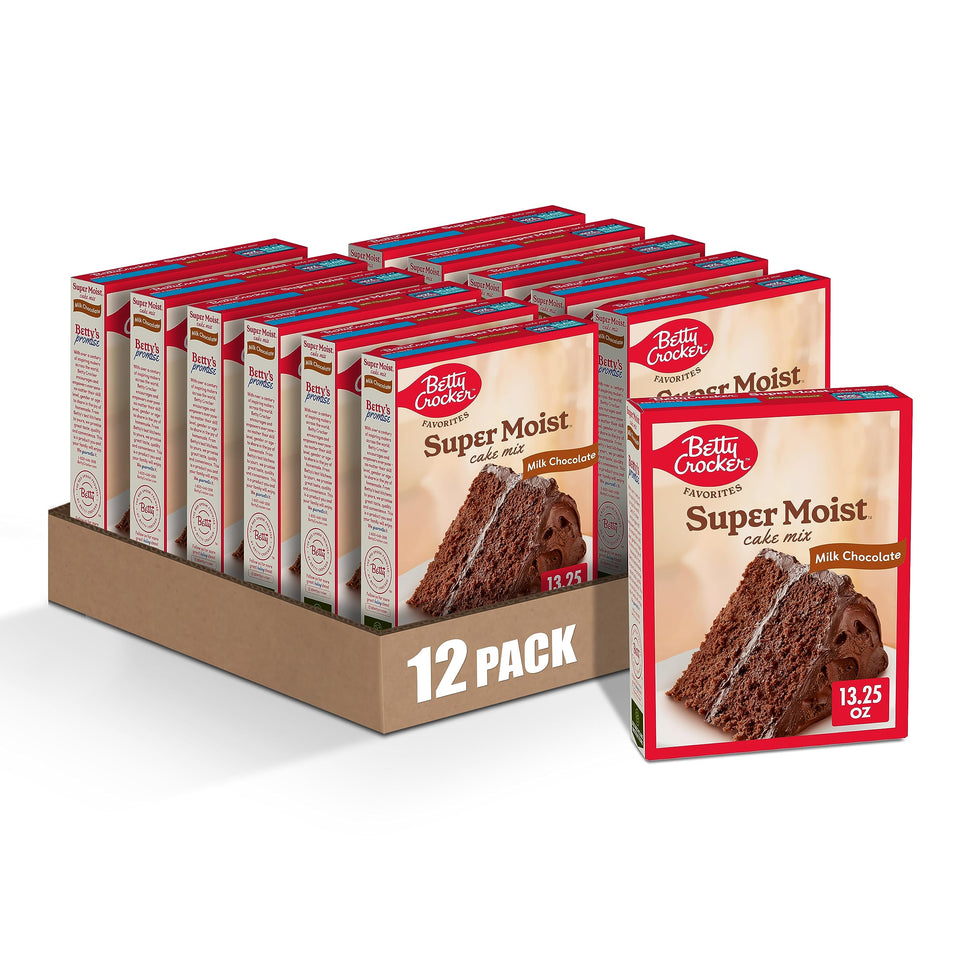 Betty Crocker Favorites Milk Chocolate Cake Mix package highlights easy, quick dessert prep.