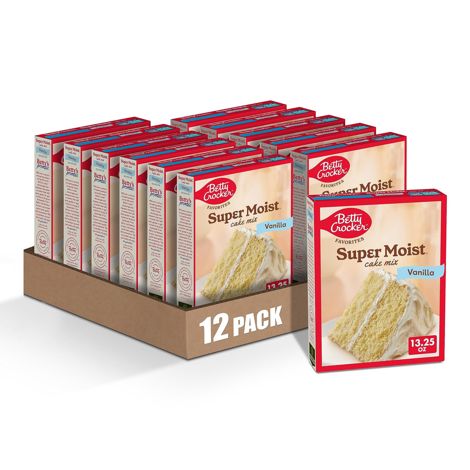 Betty Crocker vanilla cake mix box ready for quick dessert preparation