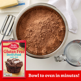 Betty Crocker gluten-free Devil's Food Cake Mix batter in bowl for rich chocolate cake.