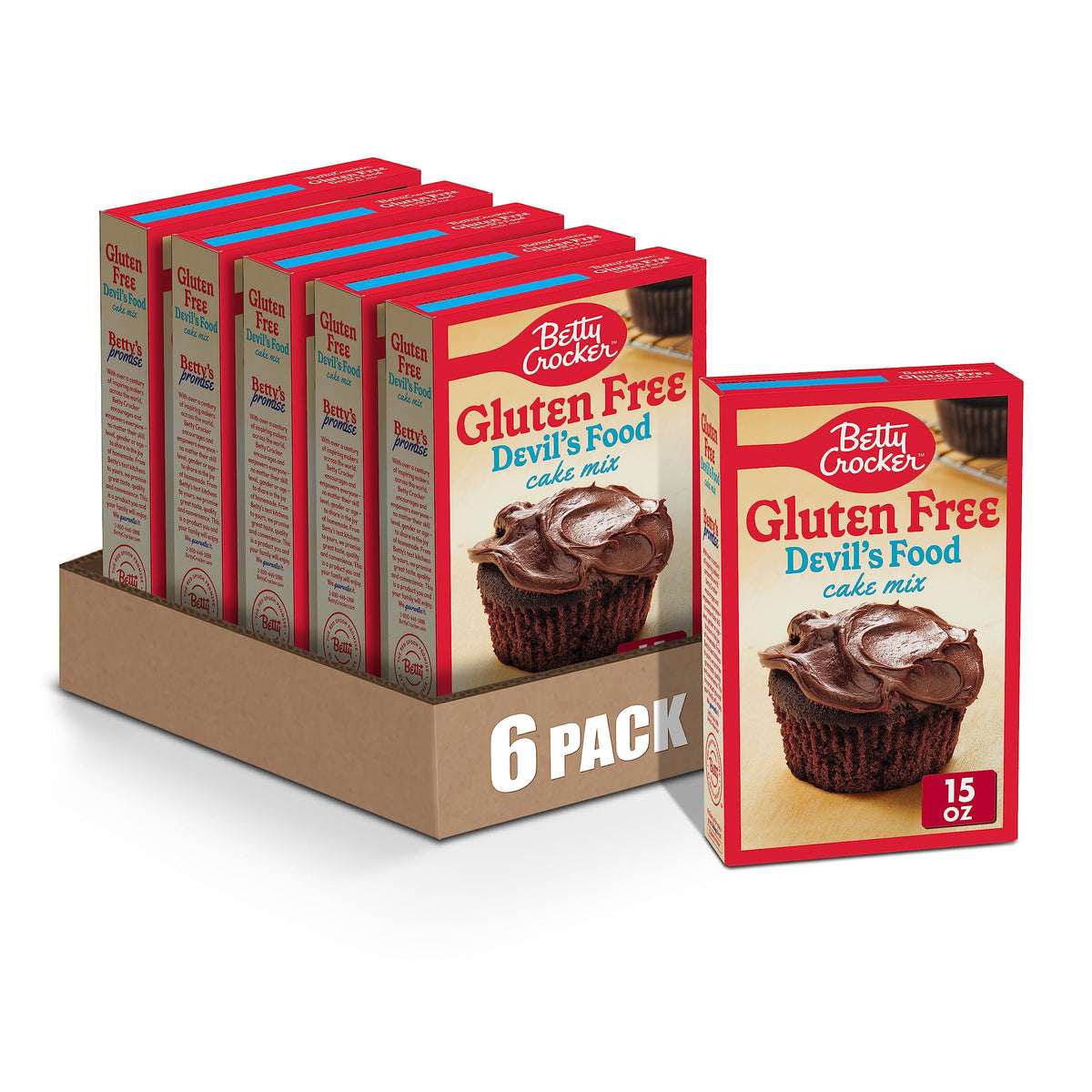 Betty Crocker gluten-free Devil's Food Cake Mix boxes on a store shelf, quick gluten-free dessert option.