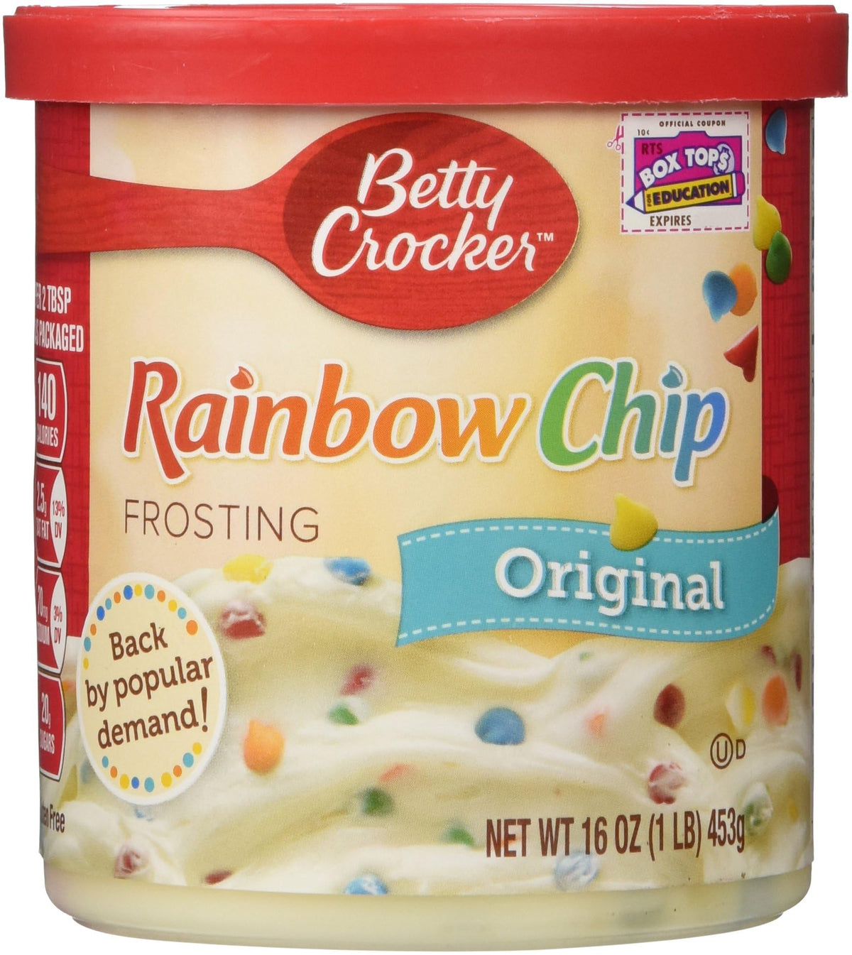 Betty Crocker gluten-free rainbow chip frosting can pack for cakes and cookies