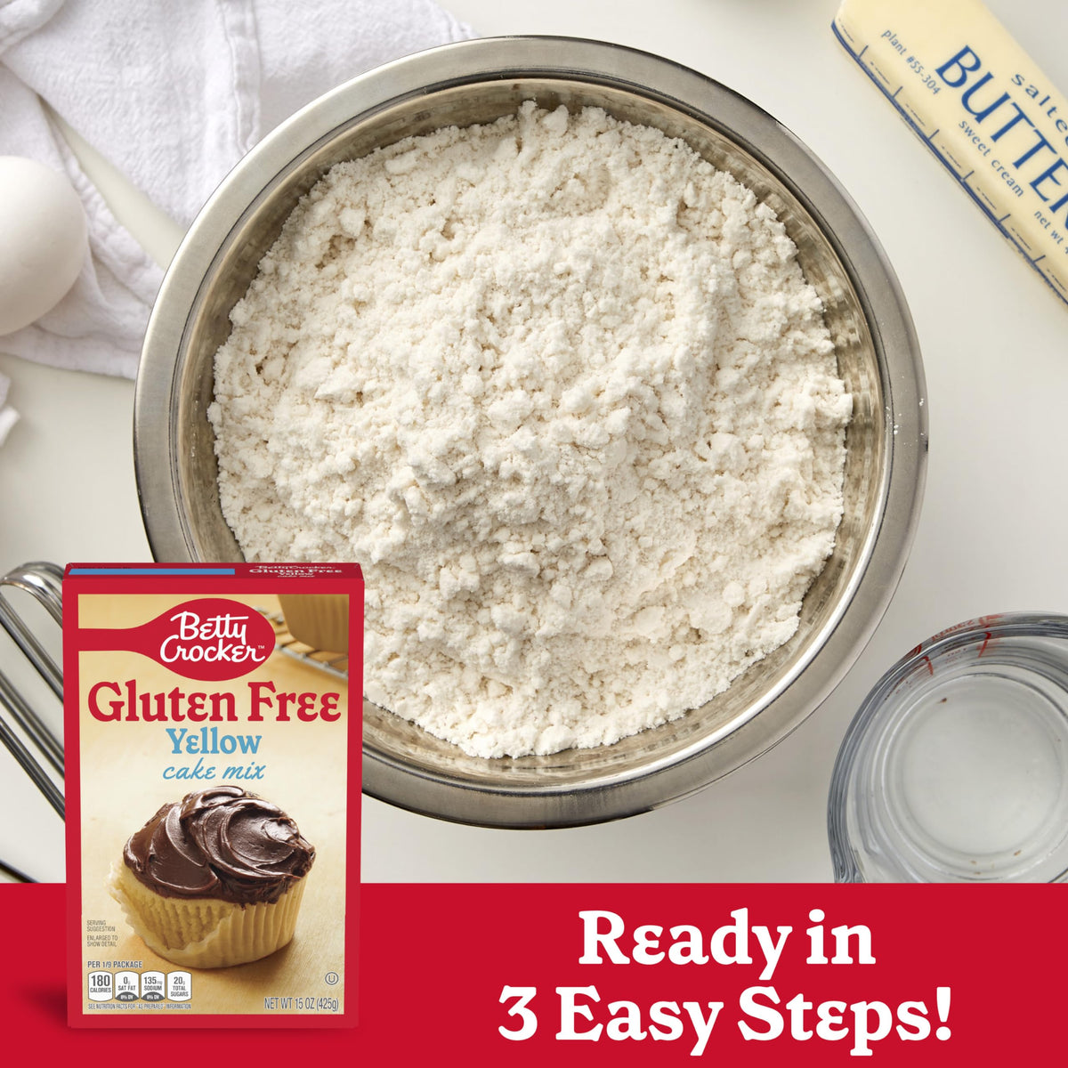 Betty Crocker gluten-free yellow cake mix dry ingredients ready to combine for baking.