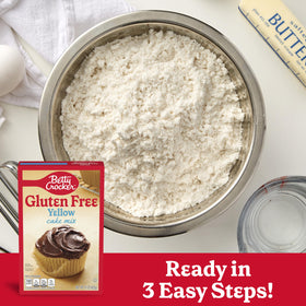Betty Crocker gluten-free yellow cake mix dry ingredients ready to combine for baking.