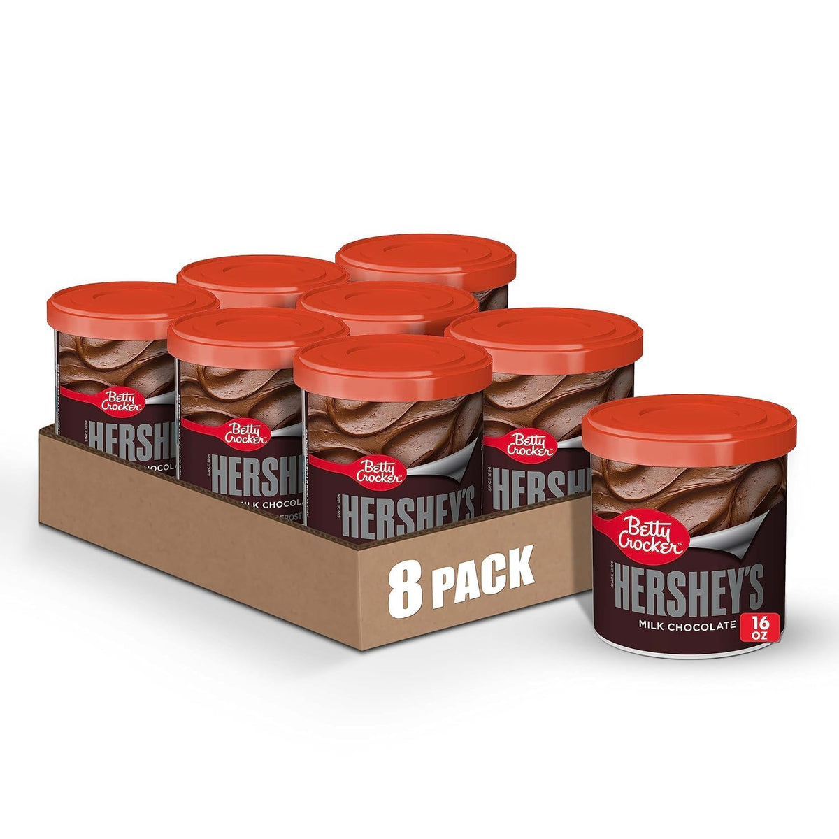 Betty Crocker HERSHEY'S Milk Chocolate frosting tub ready to spread on cakes and cupcakes