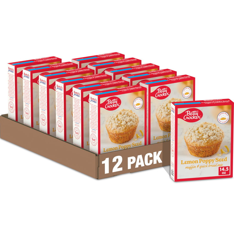 Betty Crocker Lemon Poppy Seed Muffin Mix box, quick start for a lemony breakfast.