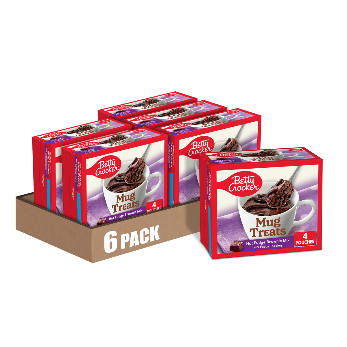 Betty Crocker Mug Treats hot fudge brownie pack view shows six boxes for easy sharing.