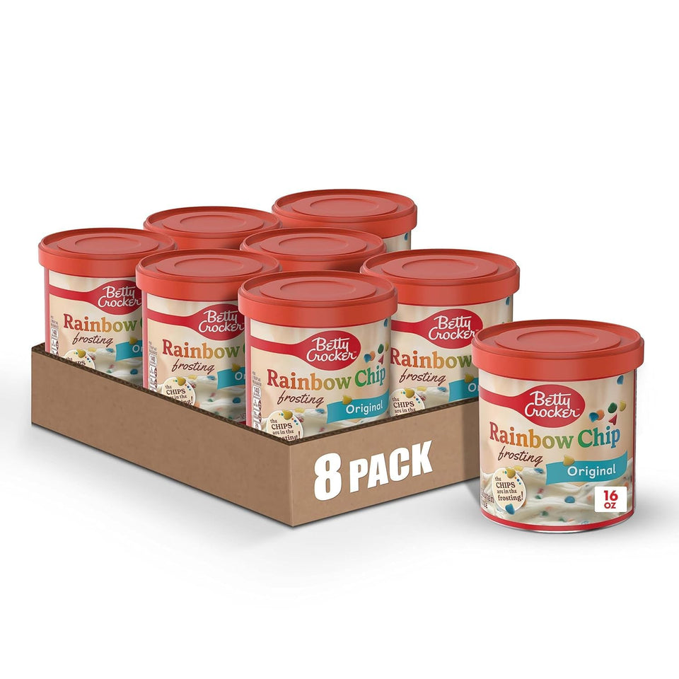 Betty Crocker Rainbow Chip Frosting tub with colorful chips for cake topping.